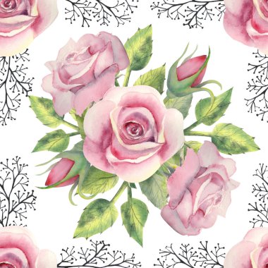 Kusursuz desen. Pembe gül çiçeği, yeşil yapraklar, beyaz yalıtılmış arka planda dekoratif dallar. Çiçekli poster, davetiye. Tebrik kartı veya davet tasarımı için suluboya düzenlemeleri.