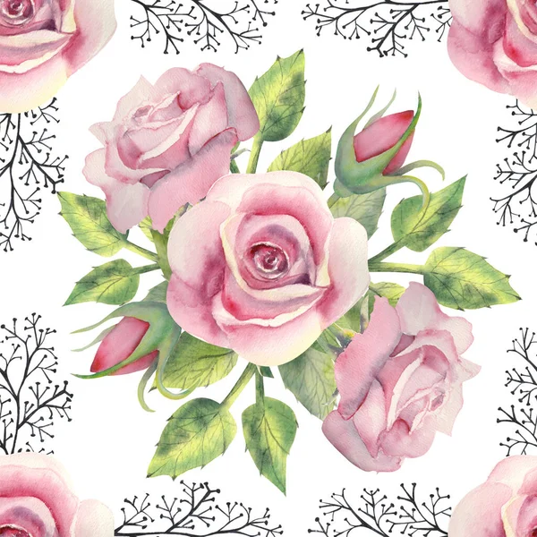 Безшовні Візерунки Рожева Квітка Троянди Зелене Листя Декоративні Гілки Білому — стокове фото