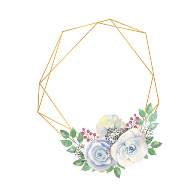 Mavi gül çiçekleri, yeşil yapraklar, altın geometrik çokgen çerçeveli böğürtlenler. Çiçekli düğün konsepti. Tebrik kartları veya davetiyelerin dekorasyonu için suluboya kompozisyonları.