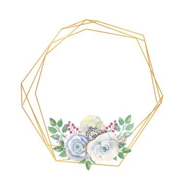 Mavi gül çiçekleri, yeşil yapraklar, altın geometrik çokgen çerçeveli böğürtlenler. Çiçekli düğün konsepti. Tebrik kartları veya davetiyelerin dekorasyonu için suluboya kompozisyonları.