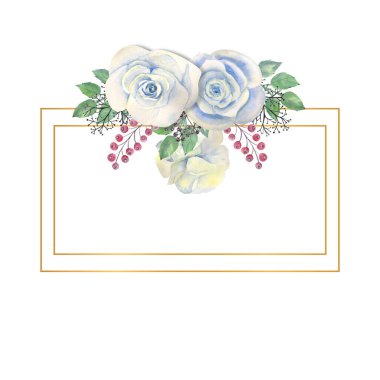 Mavi güller, yeşil yapraklar, altın geometrik dikdörtgen çerçeveli böğürtlenler. Çiçekli düğün konsepti. Tebrik kartları veya davetiyelerin dekorasyonu için suluboya kompozisyonları.