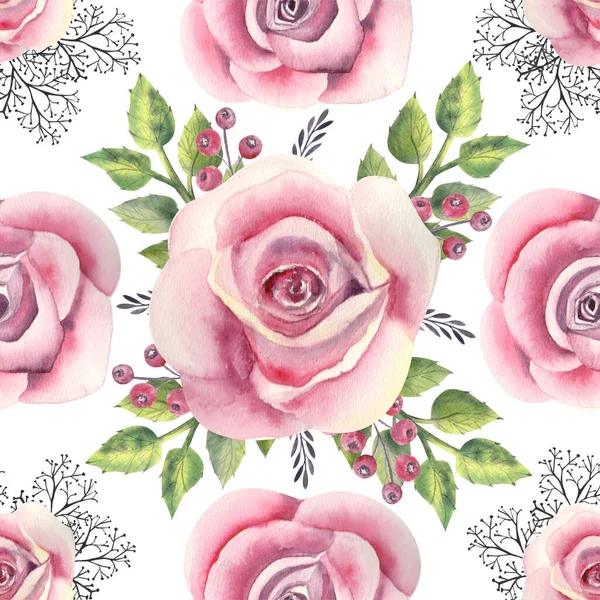 Nahtloses Muster Rosa Rosenblüte Grüne Blätter Rote Beeren Dekorative Zweige — Stockfoto