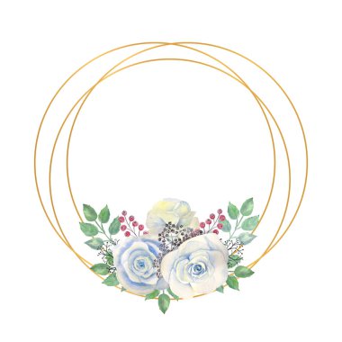 Mavi gül çiçekleri, yeşil yapraklar, altın geometrik yuvarlak çerçeveli böğürtlenler. Çiçekli düğün konsepti. Tebrik kartları veya davetiyelerin dekorasyonu için suluboya kompozisyonları.