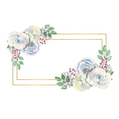 Mavi güller, yeşil yapraklar, altın geometrik dikdörtgen çerçeveli böğürtlenler. Çiçekli düğün konsepti. Tebrik kartları veya davetiyelerin dekorasyonu için suluboya kompozisyonları.