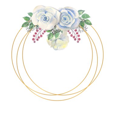 Mavi gül çiçekleri, yeşil yapraklar, altın geometrik yuvarlak çerçeveli böğürtlenler. Çiçekli düğün konsepti. Tebrik kartları veya davetiyelerin dekorasyonu için suluboya kompozisyonları.