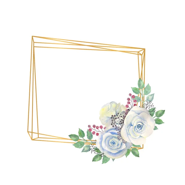 蓝色的玫瑰花 绿色的叶子 金黄色的几何框架中的浆果 结婚的概念与花 用于装饰贺卡或邀请函的水彩画 — 图库照片