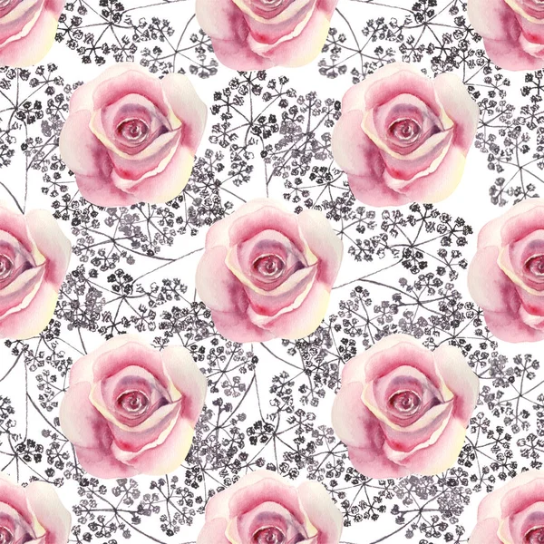 シームレスなパターン ピンクのバラの花 緑の葉 白い孤立した背景に装飾用の小枝 花のポスター招待状 グリーティングカードや招待状のデザインのための水彩アレンジ — ストック写真