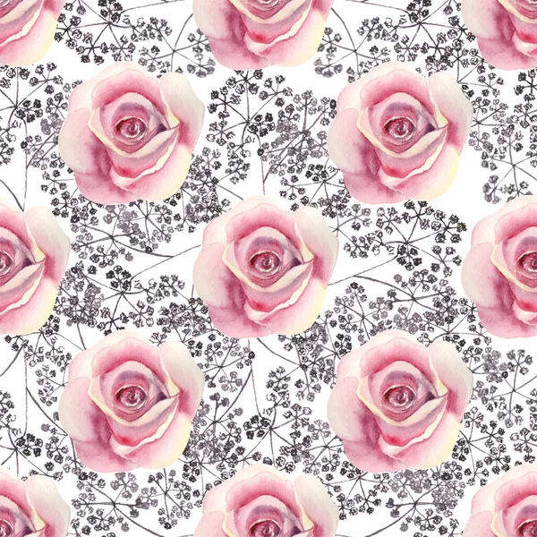 Seamless pattern. Pink rose flower, green leaves, decorative twigs on a white isolated background. Floral poster, invitation. Watercolor arrangements for greeting card or invitation design.