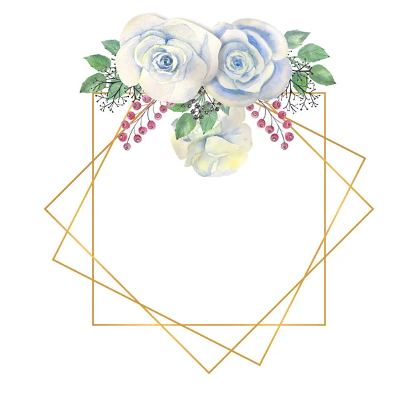 Kék Rózsa Virágok Zöld Levelek Bogyók Arany Geometriai Keretben Esküvői — Stock Fotó