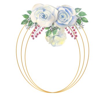 Mavi güller, yeşil yapraklar, altın oval çerçeveli böğürtlenler. Çiçekli düğün konsepti. Tebrik kartları veya davetiyelerin dekorasyonu için suluboya kompozisyonları.