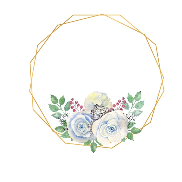 青いバラの花 緑の葉 金の幾何学的なフレームの果実 花と結婚式の概念 グリーティングカード又は招待状の装飾のための水彩画 — ストック写真