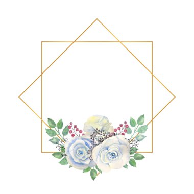 Mavi güller, yeşil yapraklar, altın geometrik kare çerçeveli böğürtlenler. Çiçekli düğün konsepti. Tebrik kartları veya davetiyelerin dekorasyonu için suluboya kompozisyonları.