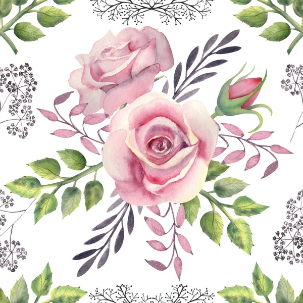 Seamless Pattern Pink Rose Flower Green Leaves Red Berries Decorative — Stock Photo, Image