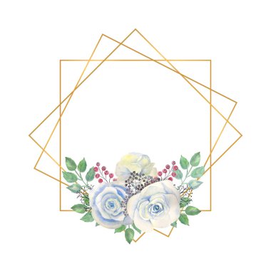 Mavi güller, yeşil yapraklar, altın renkli geometrik çerçeveli böğürtlenler. Çiçekli düğün konsepti. Tebrik kartları veya davetiyelerin dekorasyonu için suluboya kompozisyonları.
