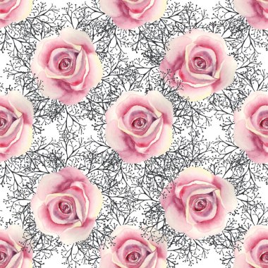 Kusursuz desen. Pembe gül çiçeği, yeşil yapraklar, beyaz yalıtılmış arka planda dekoratif dallar. Çiçekli poster, davetiye. Tebrik kartı veya davet tasarımı için suluboya düzenlemeleri.