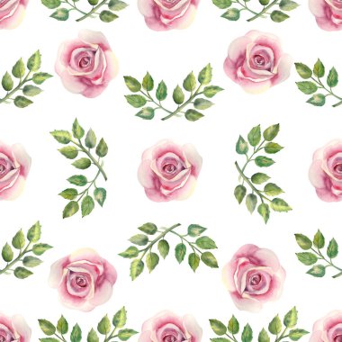 Kusursuz desen. Pembe gül çiçeği, yeşil yapraklar, beyaz yalıtılmış arka planda dekoratif dallar. Çiçekli poster, davetiye. Tebrik kartı veya davet tasarımı için suluboya düzenlemeleri.