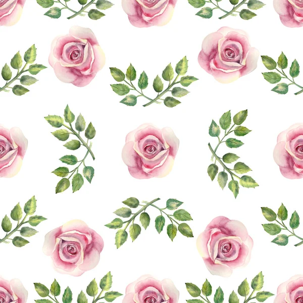 Seamless Pattern Pink Rose Flower Green Leaves Decorative Twigs White — Stock Photo, Image