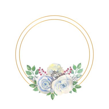 Mavi gül çiçekleri, yeşil yapraklar, altın yuvarlak çerçeveli böğürtlenler. Çiçekli düğün konsepti. Tebrik kartları veya davetiyelerin dekorasyonu için suluboya kompozisyonları