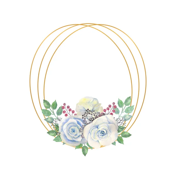 Blaue Rosenblüten, grüne Blätter, Beeren in einem goldenen geometrischen Rahmen. Hochzeitskonzept mit Blumen. Aquarellkompositionen zur Dekoration von Grußkarten oder Einladungen — Stockfoto