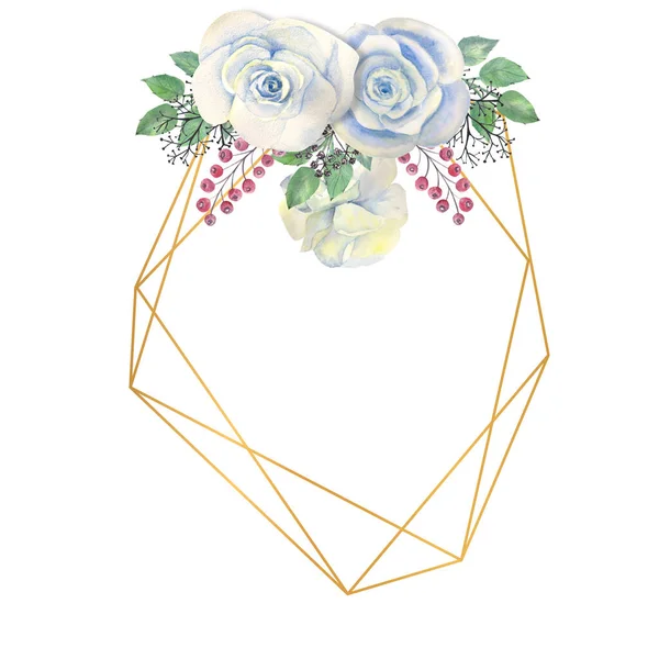 Blaue Rosenblüten, grüne Blätter, Beeren in einem goldenen polygonalen Rahmen. Hochzeitskonzept mit Blumen. Aquarellkompositionen zur Dekoration von Grußkarten oder Einladungen — Stockfoto