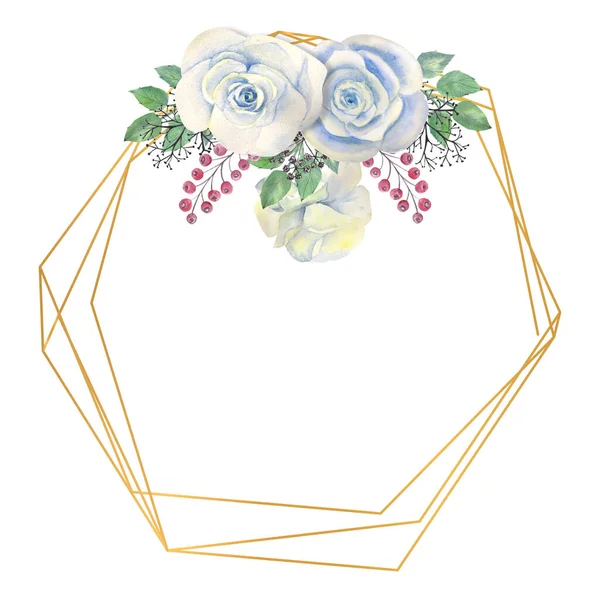 Fleurs roses bleues, feuilles vertes, baies dans un cadre polygonal doré. Concept de mariage avec des fleurs. Compositions aquarelles pour la décoration de cartes de vœux ou d'invitations — Photo