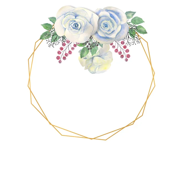 Blaue Rosenblüten, grüne Blätter, Beeren in einem goldenen runden Rahmen. Hochzeitskonzept mit Blumen. Aquarellkompositionen zur Dekoration von Grußkarten oder Einladungen — Stockfoto