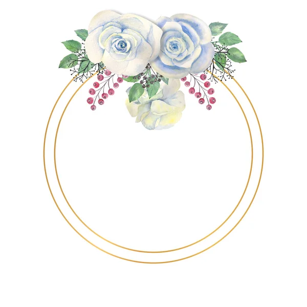 Fiori di rosa blu, foglie verdi, bacche in una cornice rotonda d'oro. Concetto di matrimonio con fiori. Composizione ad acquerello per la decorazione di biglietti di auguri o inviti — Foto Stock