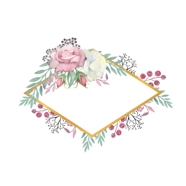 Белые и розовые розы цветы, зеленые листья, ягоды в золотой алмазообразной рамке. Акварель — стоковое фото