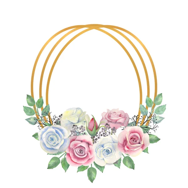 Flores de rosas azuis e rosa, folhas verdes, bagas em uma armação oval dourada. Ilustração aquarela — Fotografia de Stock
