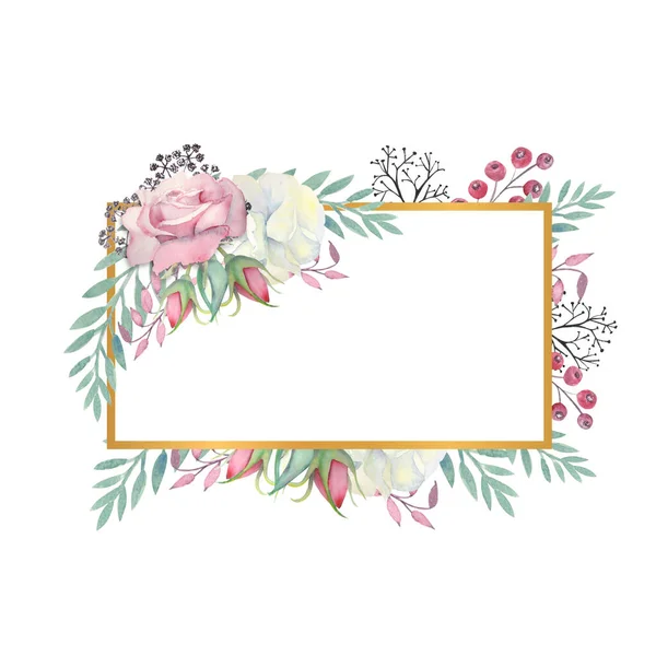 Fiori di rose bianche e rosa, foglie verdi, bacche in cornice rettangolare dorata. Illustrazione ad acquerello — Foto Stock