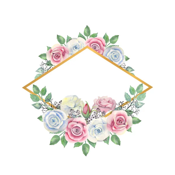 Azul e rosa rosas flores, folhas verdes, bagas em uma moldura em forma de diamante de ouro. Ilustração aquarela — Fotografia de Stock