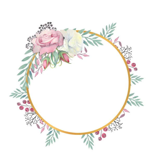 Białe i różowe róże kwiaty, zielone liście, jagody w złotej okrągłej ramce. Ilustracja akwarela — Zdjęcie stockowe