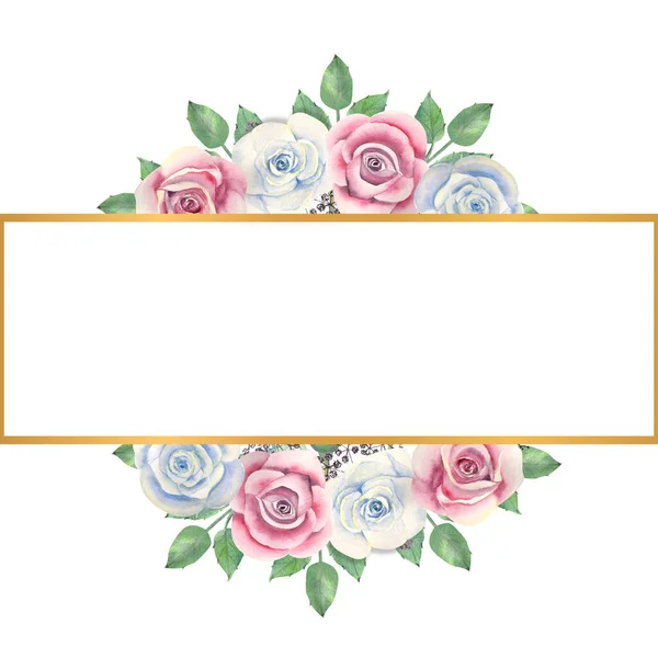 Blue and pink roses flowers, green leaves, berries in a gold rectangular frame. Watercolor illustration
