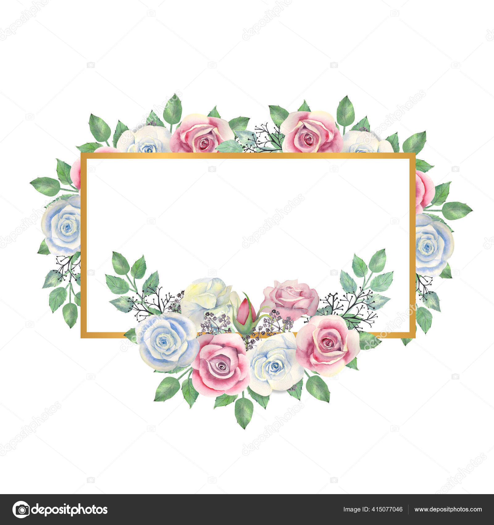 Flores de rosas azuis e rosa, folhas verdes, bagas em uma armação  retangular dourada. Ilustração aquarela Ilustração de ©Natika_art #415077046, image size:1600x1700