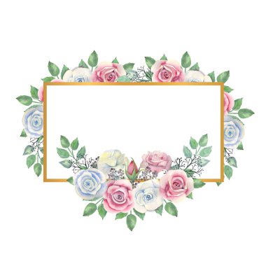 Mavi ve pembe güller, yeşil yapraklar, altın dikdörtgen çerçeveli böğürtlenler. Suluboya çizimi