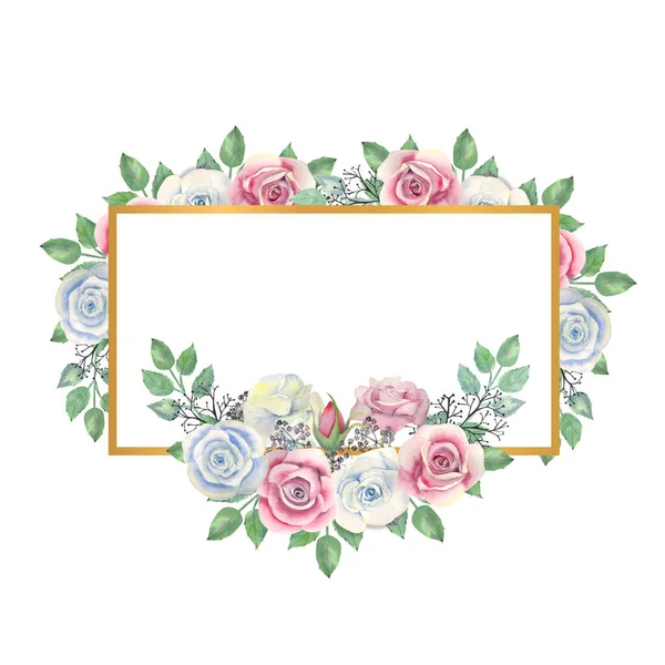 Blue and pink roses flowers, green leaves, berries in a gold rectangular frame. Watercolor illustration