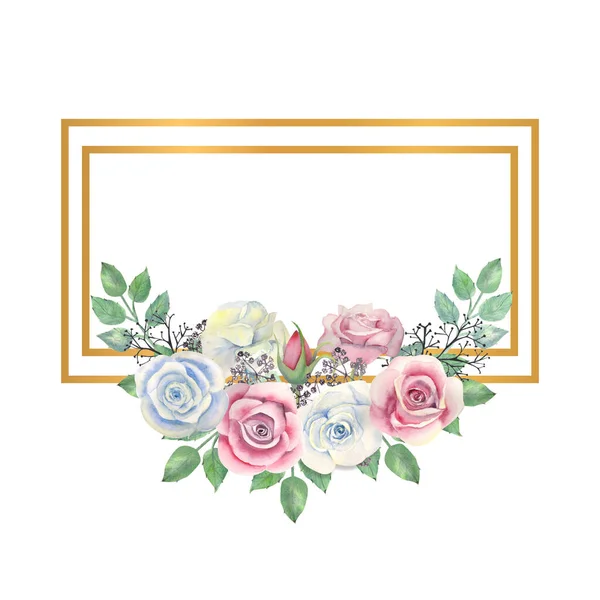 青とピンクのバラの花 緑の葉 金の長方形の枠の果実 花と結婚式の概念 グリーティングカード又は招待状の装飾のための水彩画 — ストック写真