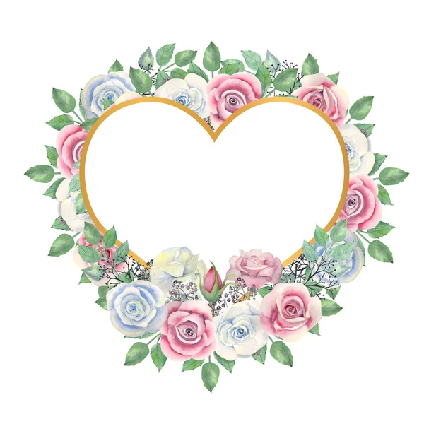 蓝色和粉红色的玫瑰花朵 绿色的叶子 金黄色的心形框架的浆果 结婚的概念与花 用于装饰贺卡或邀请函的水彩画 — 图库照片