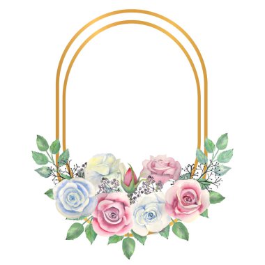 Mavi ve pembe güller, yeşil yapraklar, altın oval çerçeveli böğürtlenler. Çiçekli düğün konsepti. Tebrik kartları veya davetiyelerin dekorasyonu için suluboya kompozisyonları.