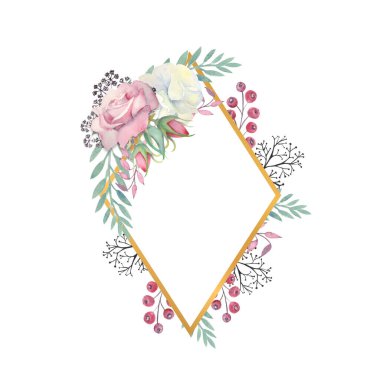 Beyaz ve pembe güller, yeşil yapraklar, altın çerçeveli böğürtlenler. Çiçekli düğün konsepti. Tebrik kartları veya davetiyelerin dekorasyonu için suluboya kompozisyonları.