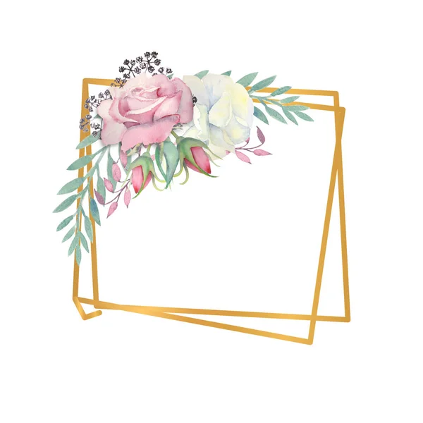 白色和粉红色的玫瑰花 绿色的叶子 金黄色的多边形框架的浆果 结婚的概念与花 用于装饰贺卡或邀请函的水彩画 — 图库照片