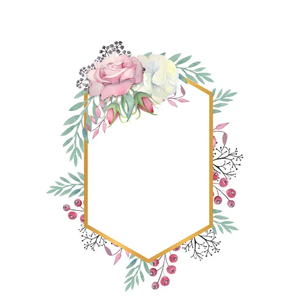 白色和粉红色的玫瑰花 绿色的叶子 金黄色的多边形框架的浆果 结婚的概念与花 用于装饰贺卡或邀请函的水彩画 — 图库照片