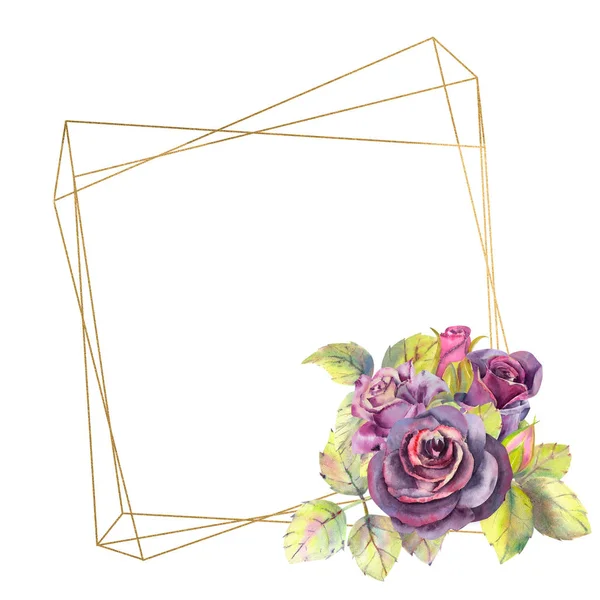Fiori Di Rose Scure Foglie Verdi Composizione Geometrica In Cornice Dorata Il Concetto Dei Fiori Nuziali Composizione Ad Acquerello Per La Progettazione Di Biglietti Di Auguri O Inviti Elemento Adesivo