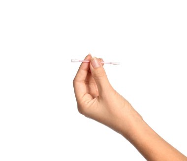 Kadın elini tut beyaz izole kulak sopa 