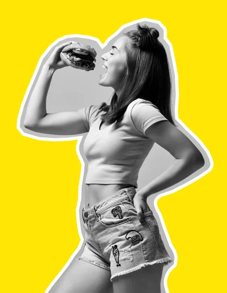magazine clipping portrait of a young teenager girl eating a hamburger, side photo, black and white on a yellow background