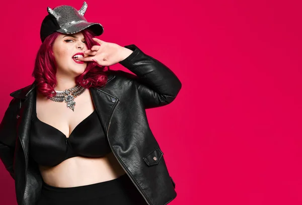 Cute Plus Size Brunette with Black Bunny Ears in Leather Jacket