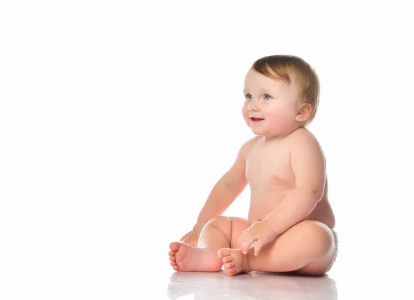 Child baby toddler sitting crawling backwards happy smiling on a white background — Stock Photo, Image