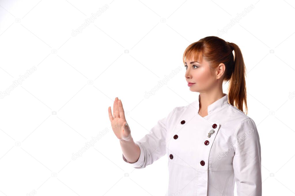 Female doctor shows hand gesture that enough, isolated on white.