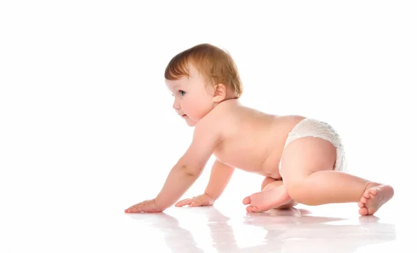 Creeping little boy in diapers in the studio on a white background. — Stock Photo, Image