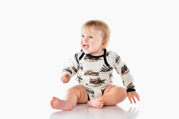 Close up portrait of a happy baby boy on a white background. — Stock Photo, Image